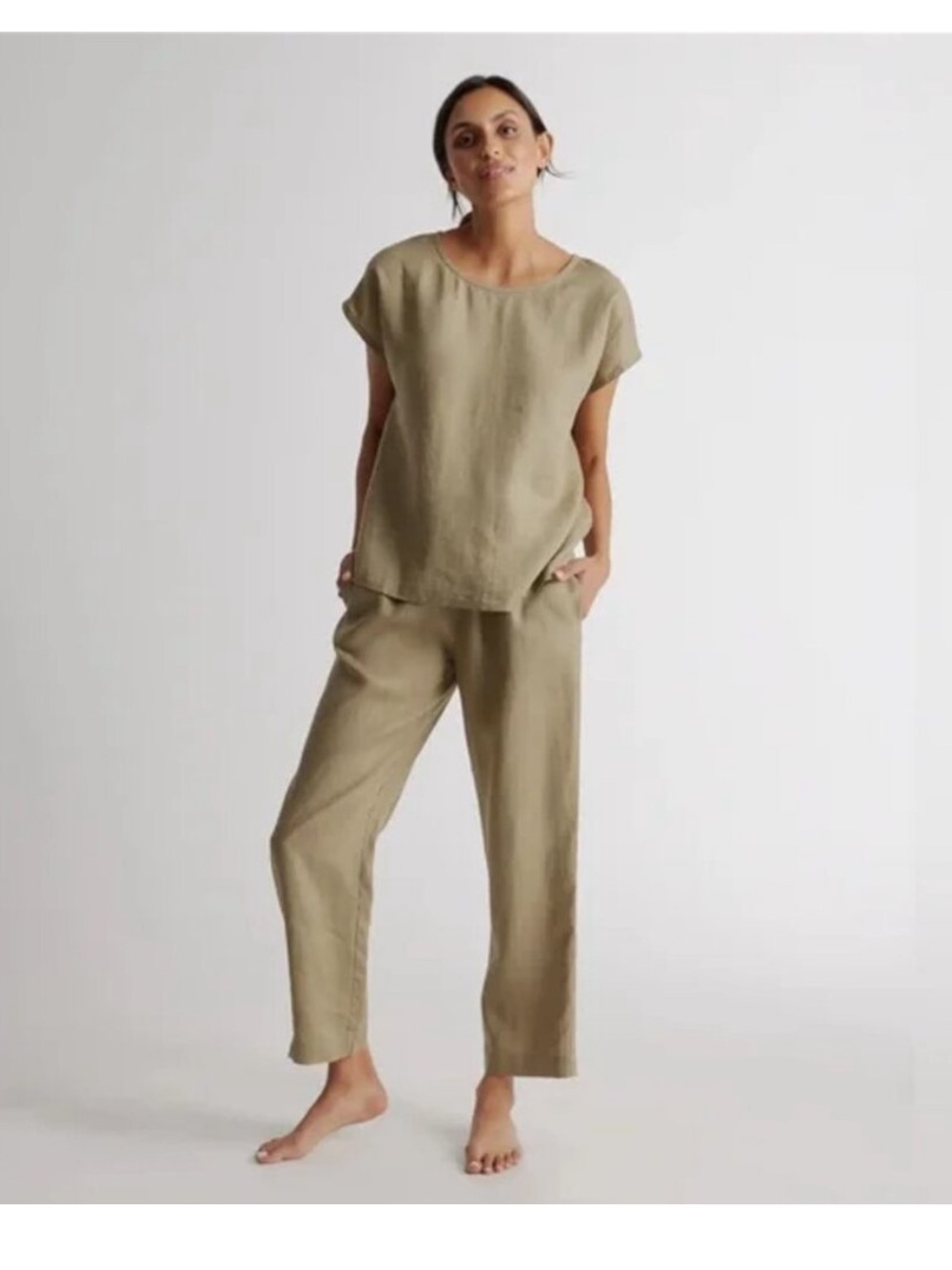 Quince 100% European Linen Tee in Washed Olive - Picture 2 of 6